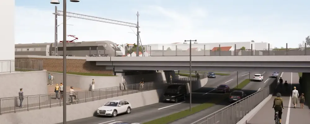 Visionsbild som visar järnvägsbron och Brunnsgatan när bygget är klart. Illustration: Trafikverket