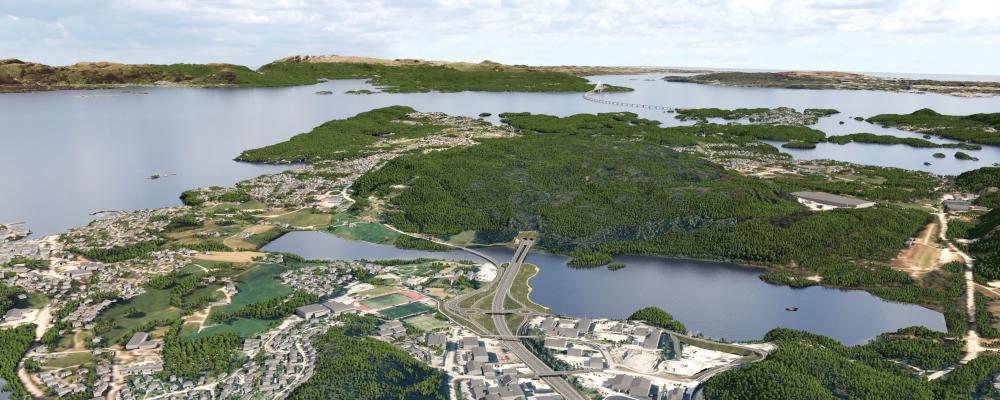 Den nya E39 i Bjørnafjorden kommun är tänkt att bestå av en sträcka med korsning vid Kolskogen nära Os, innan vägen går in i en 7,7 km lång tunnel och fortsätter vidare på en bro över Bjørnafjorden (i bildens överkant). Dagens fyrfältsmotorväg från Bergen ansluts till den nya vägen vid Os.
Illustration: Statens vegvesen/COWI