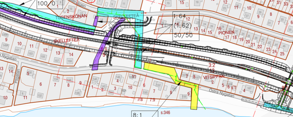 Gult område visar var VA-arbetet på Östra Nygatan för att förbereda för Norrbotniabanan väntar. Karta: Skellefteå kommun