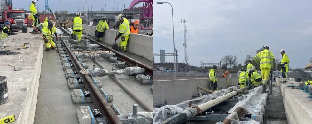 Spåren monterades på betongblock medan de låg på marken, innan hela anläggningen lyftes upp till rätt höjd. Foto: Trafikverket