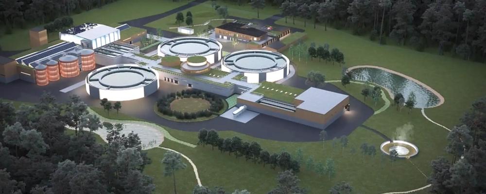 Vy över nya avloppsreningsverket Ängens ARV. Visionsbild: Lidköping miljö och teknik.