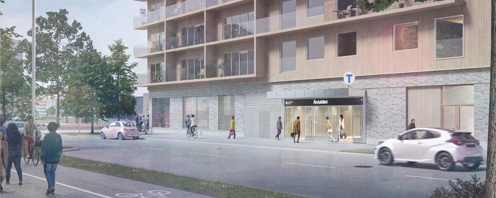 Visionsbild av station Årstaberg på den nya Gula linjen. Bild: Region Stockholm/&Rundquist