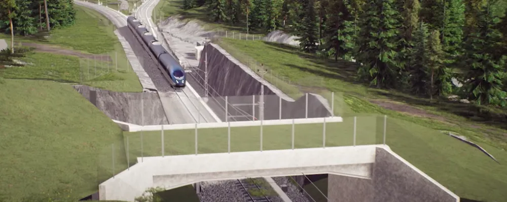 Bibanan, som vid Ekensberg i Nyköping övergår till enkelspår och ansluter till den befintliga järnvägen, får två nya passager. Foto: Trafikverket