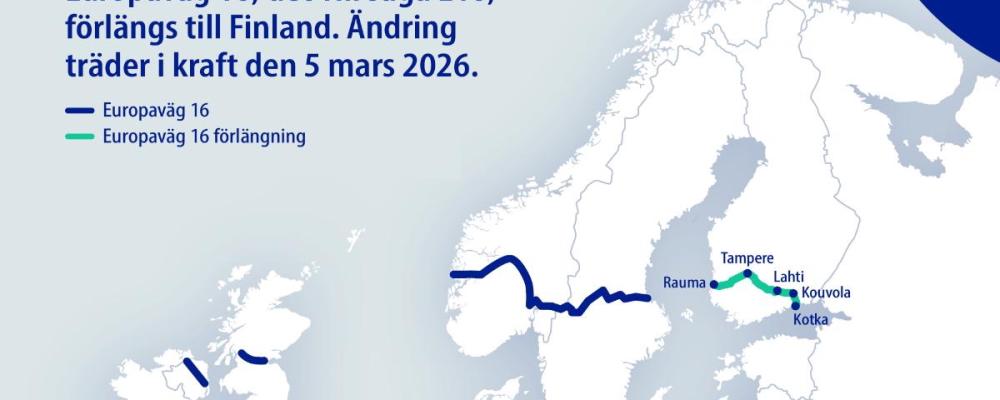 Europaväg 16 förlängs till Finland. Ny sträckning via Tammerfors och Kouvola träder i kraft i mars 2026. Bild: Finlands Kommunikationsministerium