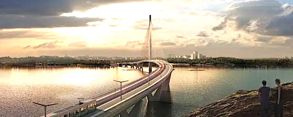 Kronbergsbron blir en betongdäckad samverkansbro i form av en snedkabelbro kombinerad med balkbro. Den totala längden kommer att vara cirka 1 200 meter, vilket gör den till en av de längsta broarna i sitt slag i Finland. Illustration: WSP Helsinki/Knight Architects