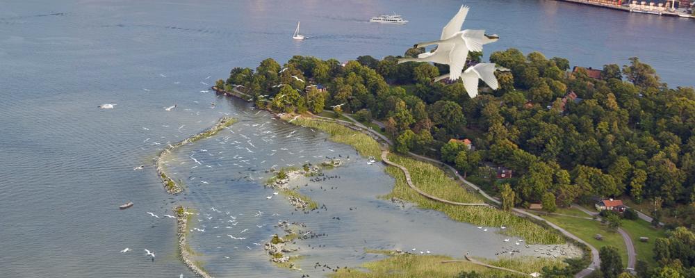 Illustration av isbladlagunen. Visualisering: Gaia Arkitektur, Flygfoto: Ola Ericson/Stockholmsfoto