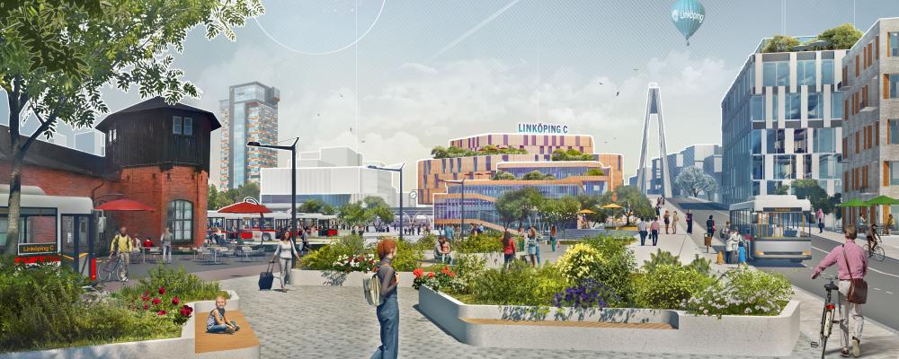 Visionsbild för att illustrera hur S:t Larsgatan ska förlängas och leda fram till Linköpings nya centralstation. Det är långt ifrån klart hur det kommer att se ut, men här visas hur S:t Larsgatan skulle kunna se ut precis innan det södra stationstorget. Till vänster leder stråket fram till huvudentrén och till höger fortsätter stråket norrut över den nya järnvägen. Linköpings innerstad kommer på sikt att växa fram till den nya stationen och vidare norrut. Längst till vänster syns det gamla lokstallet och längre bort sticker Tornet upp. Bild: Linköpings kommun