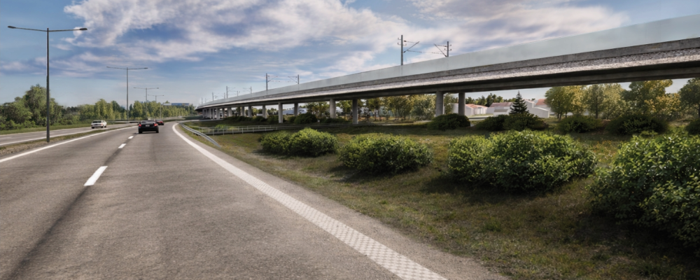 Visualisering av en vy från Timmerleden mot Strömsborg. Bilden är en tidig skiss där järnvägen går på en landskapsbro. Det är ännu inte beslutat exakt hur järnvägen kommer att utformas. Grafik: Trafikverket