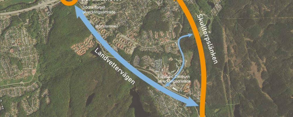 Den planerade vägsträckningen mellan Åstebo i söder och Gamla Alingsåsvägen i norr Illustration: ©Partille kommun