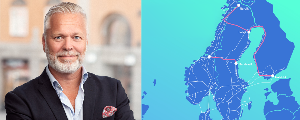 Pär Jansson samt karta över nya och uppgraderade fiberförbindelser i norra Norden. Bild: GlobalConnect