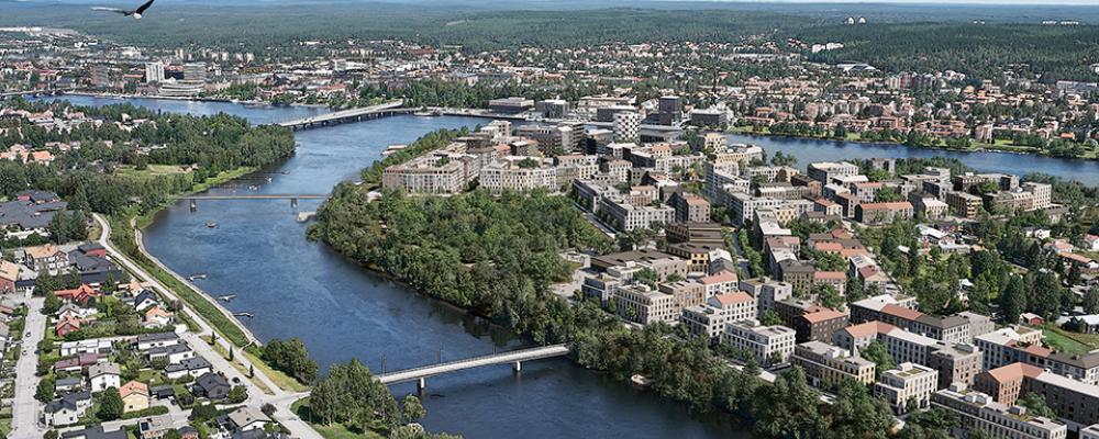 Bilden är en visionsillustration över Norra Ön. Till vänster högst upp skymtar en av de två planerade nya gång- och cykelbroarna. Illustration: SWMS Arkitektur