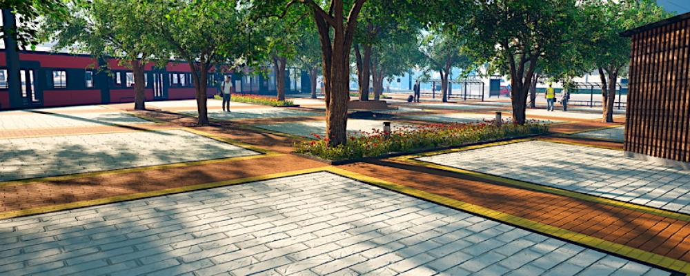 I Birkala planeras i anslutning till spårvagnshållplatsen vid Partolatorget ett trivsamt vistelseområde för invånarna, där träd ska ge skugga och grönska. Illustrationsbild: Spårvägsalliansen Tammerfors–Birkala–Linnainmaa.