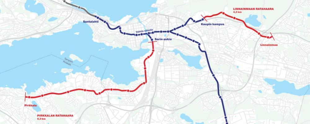 Tammerfors spårvägsnät utvidgas i två riktningar. De rödmarkerade linjerna är aktuella infrastrukturprojekt. Karta: Tammerfors Stad.