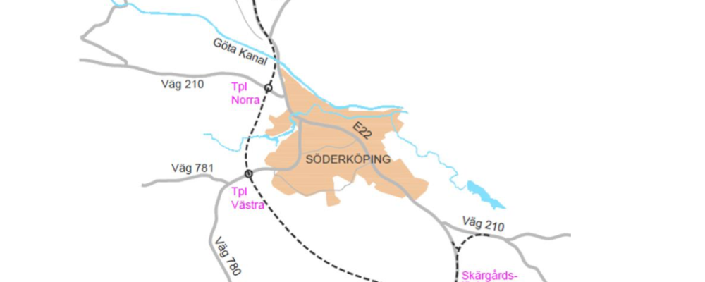 Förbifart Söderköping är en planerad mötesfri väg E22. Förbifarten är tänkt att gå sydväst om nuvarande E22.
Karta: Trafikverket