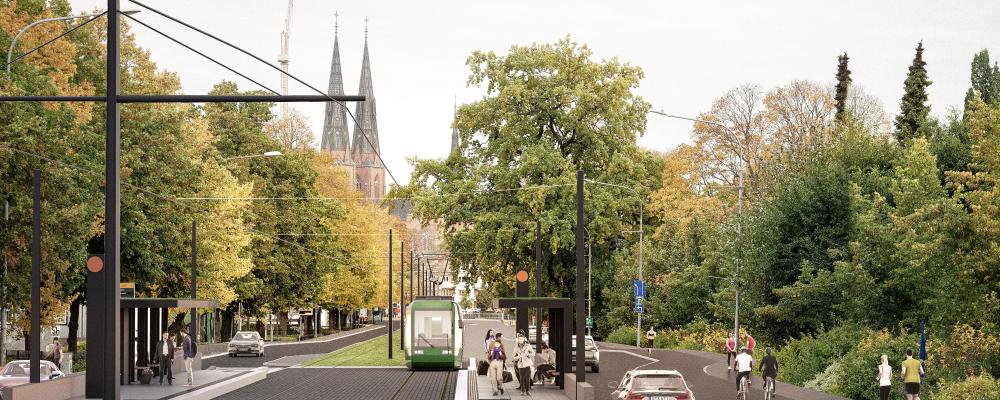 Spårvagnar ska minska trängseln på gatorna och säkra hållbara kommunikationer för Uppsalabor och pendlare.
Illustration: White