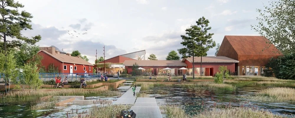 Team VERK-SAMs förslag för reningsverket innefattar bland annat att reningsverkets byggnader och bassänger omvandlas till dagvattenpark. Illustration: ArkDes