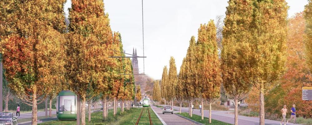 Spårväg förbi Dag Hammarskjölds väg i Uppsala. Visionsbild: Illustration  White arkitekter