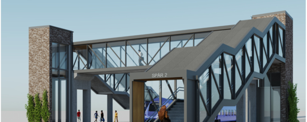 Visionsbild av den gångbro som ska byggas på Gantofta station. Bild: Trafikverket