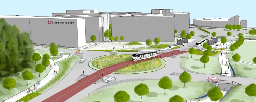 Illustration över hur Universitetsrondellen kommer se ut när arbetet med att anpassa gatan för Citylinjen är färdigt. Bild: Örebro kommun