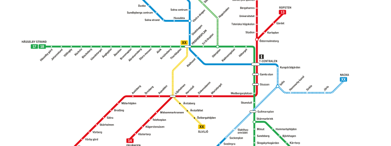 ​
På tunnelbanans linjekarta har den nya förbindelsen mellan Fridhemsplan och Älvsjö med sex nya stationer fått färgen gul.

​