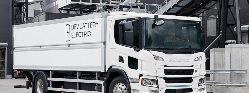 Scania förser Falkenklev Logistik med laddutrustning till Sveriges största publika laddplats för el-​lastbilar. Foto: Scania