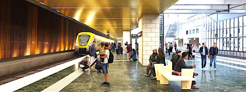 Illustration om framtida stationen Centralen. Den nuvarande kostnadsbilden för Västlänken är fortfarande oklar. Trafikverket aviserar att man inom kort kommer att presentera en ny samlad prognos för hela projektets slutkostnad. Illustration: TMWR för Kanozi Arkitekter via Trafikverket.