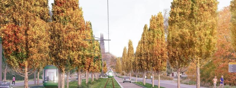 Illustration av framtidens spårväg förbi Dag Hammarskjölds i Uppsala. Visionsbild: Arkivbild/White arkitekter