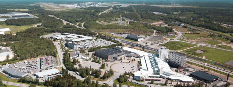 Flygvy över Arlandastad där den nya snabbladdplatsen planeras. Foto: Arlandastad Group