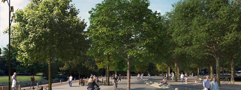 Basargatan. Vy från Basargatan västerut mot föreslagna torget-platsen mellan Vallgraven och Kungstorget. Visionsbild ÅWL Arkitekteroch Göteborgs Stad