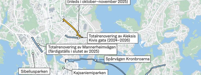 De största gatu- och parkrenoveringarna i Helsingfors 2025.