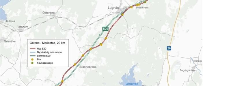 Vägen ska byggas i en ny sträckning om totalt 20 kilometer med två körfält i vardera riktningen, mitträcke och en planskild trafikplats vid Lugnås. Karta: Trafikverket