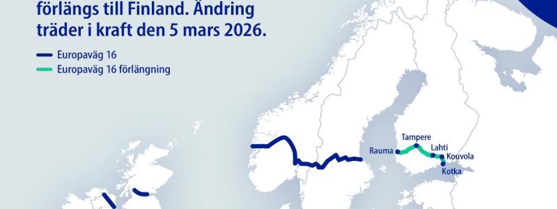 Europaväg 16 förlängs till Finland. Ny sträckning via Tammerfors och Kouvola träder i kraft i mars 2026. Bild: Finlands Kommunikationsministerium