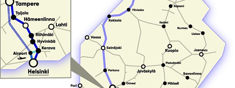 Framtida Finlandsbanan från Helsingfors upp till Lappland. Karta: Suomirata.projektet/ Finlandsbane-projektet