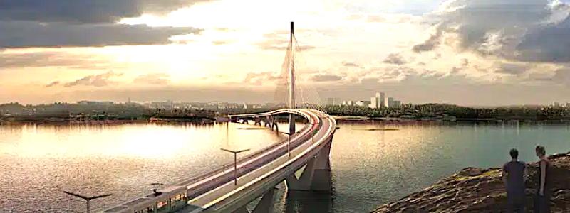 Kronbergsbron blir en betongdäckad samverkansbro i form av en snedkabelbro kombinerad med balkbro. Den totala längden kommer att vara cirka 1 200 meter, vilket gör den till en av de längsta broarna i sitt slag i Finland. Illustration: WSP Helsinki/Knight Architects