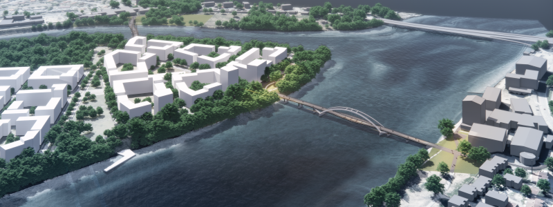 Bilden visar en illustration av hur gång- och cykelbroarna planeras att placeras. Broarna sammanlänkar Norra Ön med Teg och konstnärligt Campus. Illustration: White arkitekter