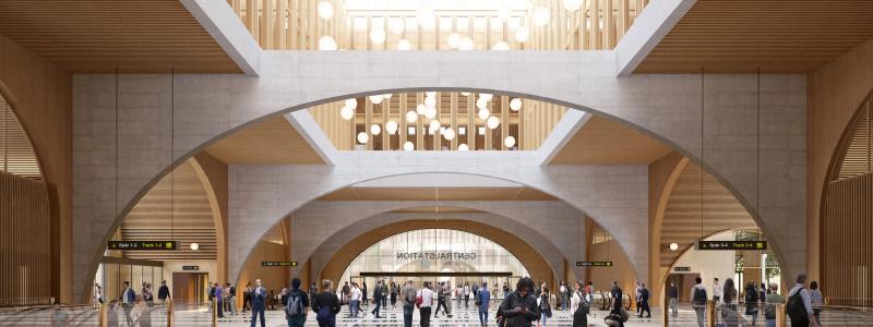 interiör nya stationshallen. Jernhusen rendering Göteborg Grand Central. Fotograf: Reiulf Ramstad Arkitekter för Jernhusen