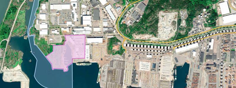 Rosa samt blå markering visar de områden som förvärvas av Göteborgs Hamn. Foto: Göteborgs Hamn