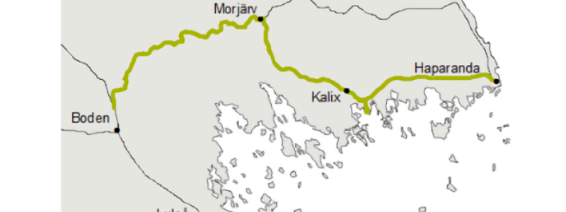 Elektrifieringsprojektet för järnvägssträckan Laurila–Torneå–Haparanda, ett samarbete mellan Finland och Sverige, har nu slutförts.. Karta: Trafikverket