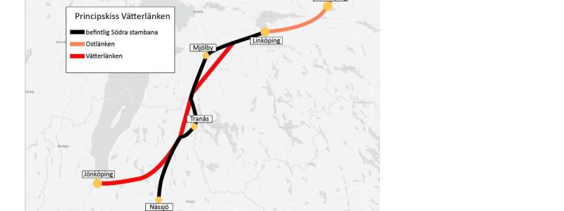 En ny rapport som Region Jönköpings län och Region Östergötland låtit ta fram visar på samhällsnyttan med att knyta ihop Ostlänken med Jönköping. Karta: Region Jönköpings Län
