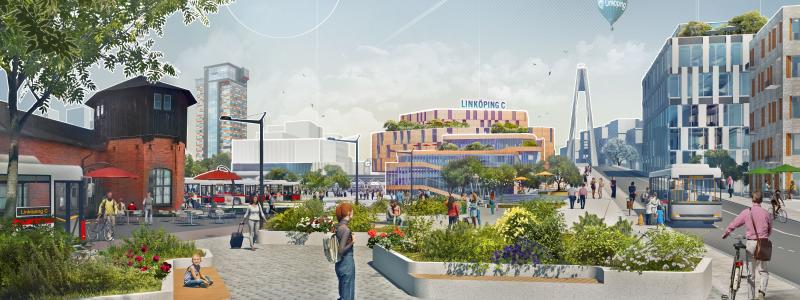 Visionsbild för att illustrera hur S:t Larsgatan ska förlängas och leda fram till Linköpings nya centralstation. Det är långt ifrån klart hur det kommer att se ut, men här visas hur S:t Larsgatan skulle kunna se ut precis innan det södra stationstorget. Till vänster leder stråket fram till huvudentrén och till höger fortsätter stråket norrut över den nya järnvägen. Linköpings innerstad kommer på sikt att växa fram till den nya stationen och vidare norrut. Längst till vänster syns det gamla lokstallet och längre bort sticker Tornet upp. Bild: Linköpings kommun