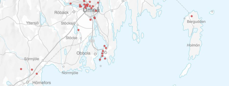 Karta över 54 förorenade områden i Umeå kommun i riskklass 1 och 2 med störst risk för människors hälsa och miljö. Karta: Umeå kommun