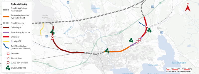 Kartan visar omfattningen av projekt Nyköping Bibana, med entreprenadgränser mot anslutande projekt, nya broar, skyddsvärda miljöer, uppdelning dubbel- och enkelspår samt renoveringen av befintlig bana. Karta: Trafikverket