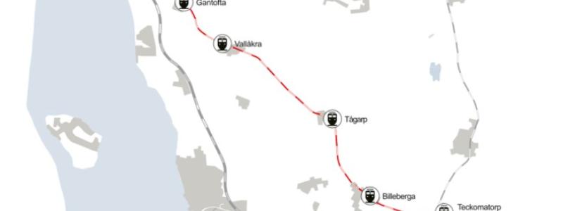 Karta över sträckan där arbetet på Rååbanan genomförs. Bild: Trafikverket