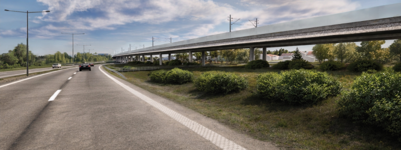 Visualisering av en vy från Timmerleden mot Strömsborg. Bilden är en tidig skiss där järnvägen går på en landskapsbro. Det är ännu inte beslutat exakt hur järnvägen kommer att utformas. Grafik: Trafikverket