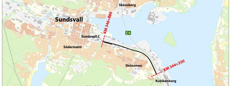 Översiktskarta: över sträckan mellan Kubikenborg och Sundsvall Översiktskarta: Trafikverket