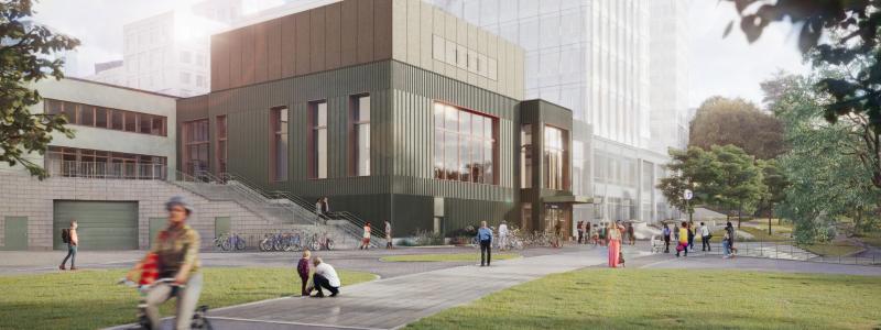 Visionsbild av entré till Gul linje i Trekantsparken i Liljeholmen. Bild: Region Stockholm/Sweco