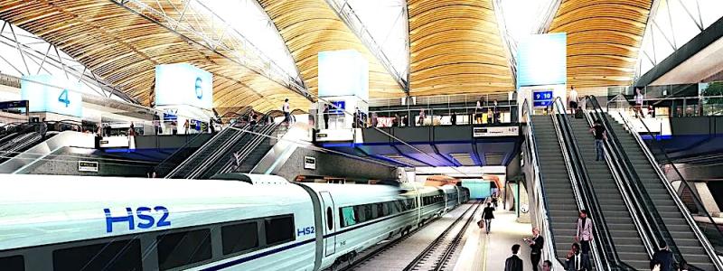 Illustration om nya Euston station. HS2, eller High Speed Two, har beskrivits som det mest ambitiösa järnvägsprojektet i Storbritannien på flera generationer. Det ska binda samman London med städer som Birmingham, Manchester och senare även Leeds, med höghastighetståg i upp till 360 kilometer i timmen. Bild: HS2-projekt