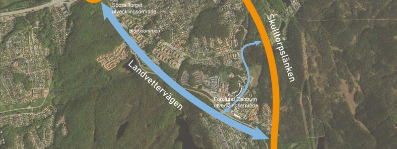 Den planerade vägsträckningen mellan Åstebo i söder och Gamla Alingsåsvägen i norr Illustration: ©Partille kommun