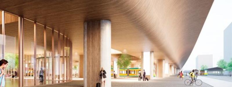 Nya centralstationen med indragna glasfasader. Bild: Wingårdh Arkitektkontor.