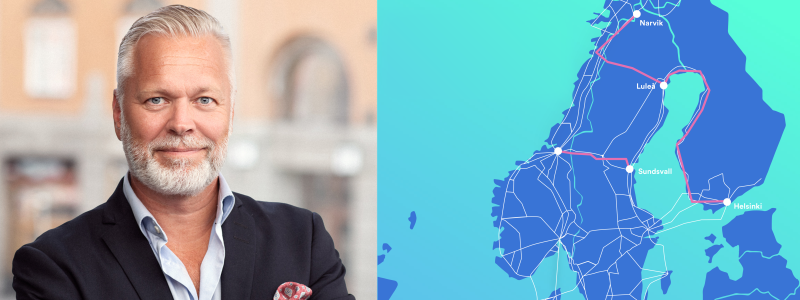 Pär Jansson samt karta över nya och uppgraderade fiberförbindelser i norra Norden. Bild: GlobalConnect